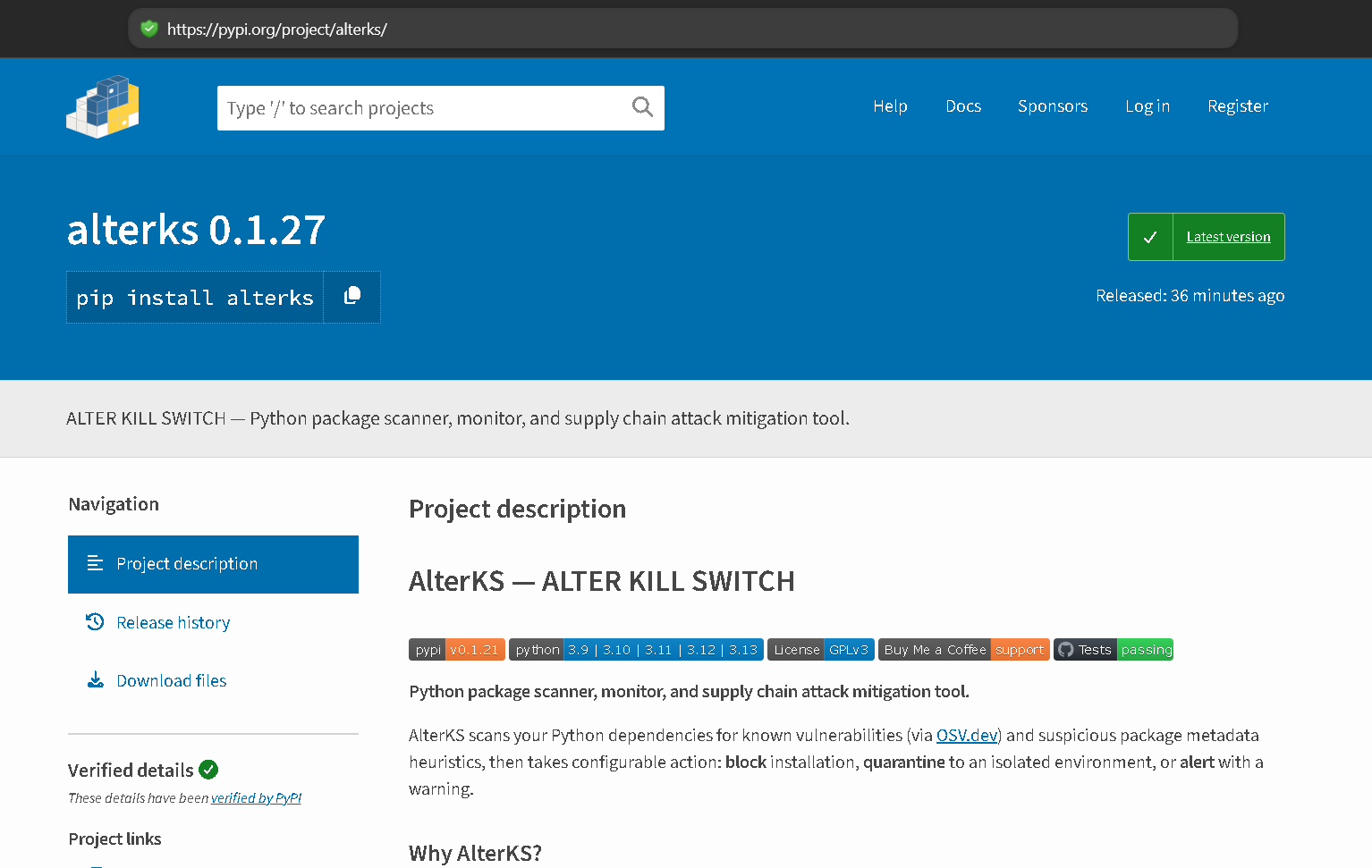 AlterKS Command Line Interface showing a blocked malicious package
