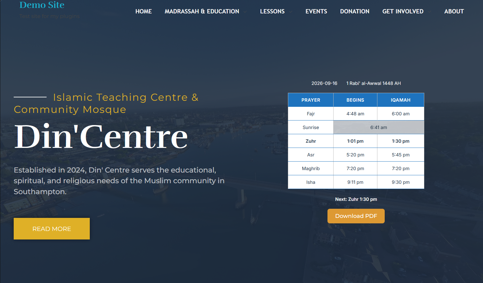 Din – Muslim Prayer Timetable plugin - daily prayer times display