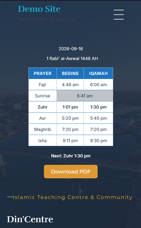 Din – Muslim Prayer Timetable mobile view on a smartphone