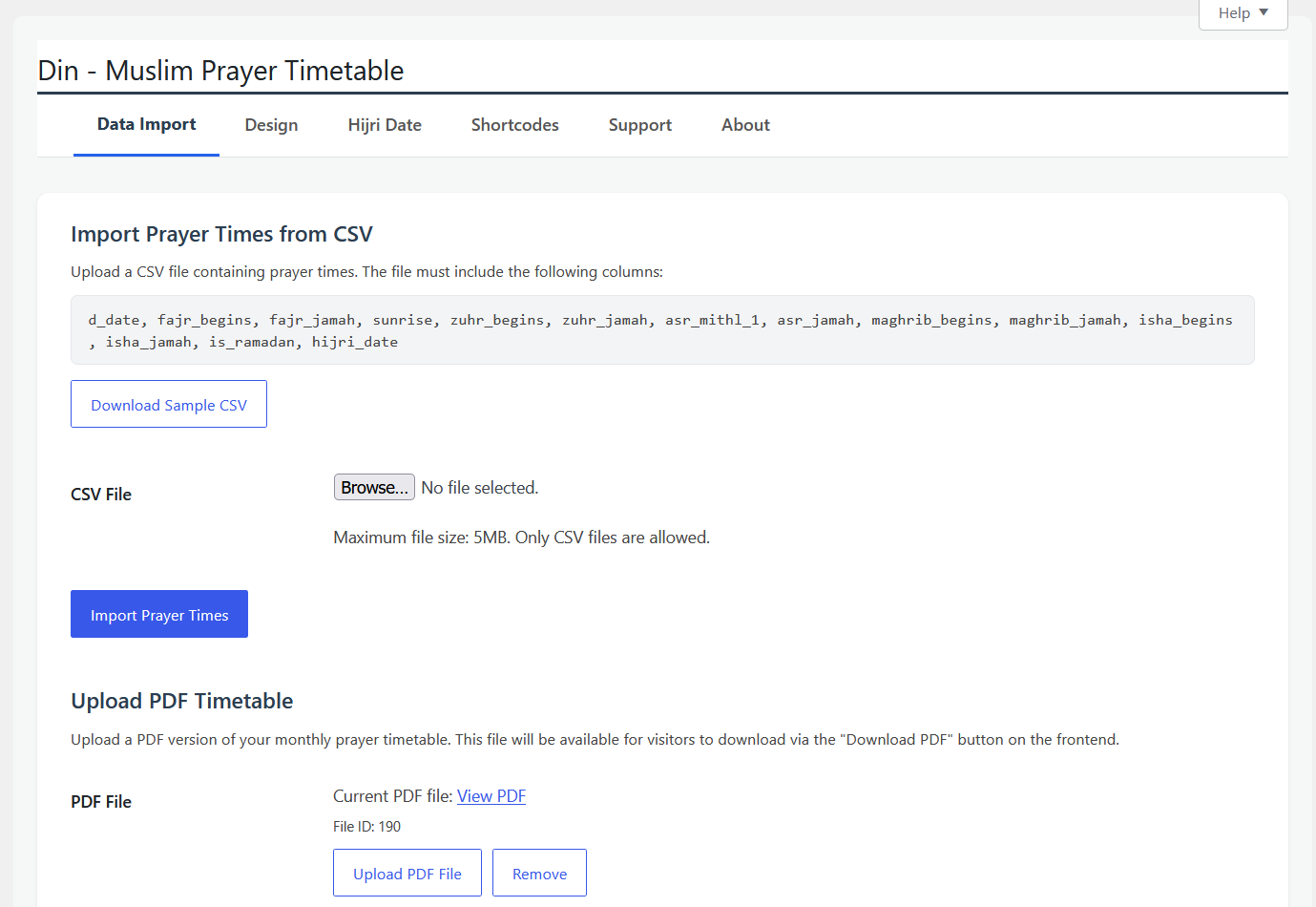 Din plugin admin configuration page