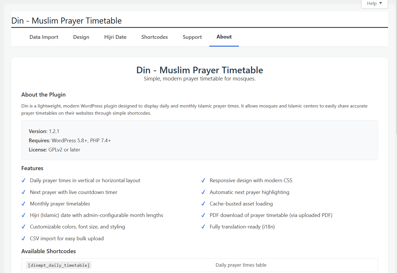Din plugin About page